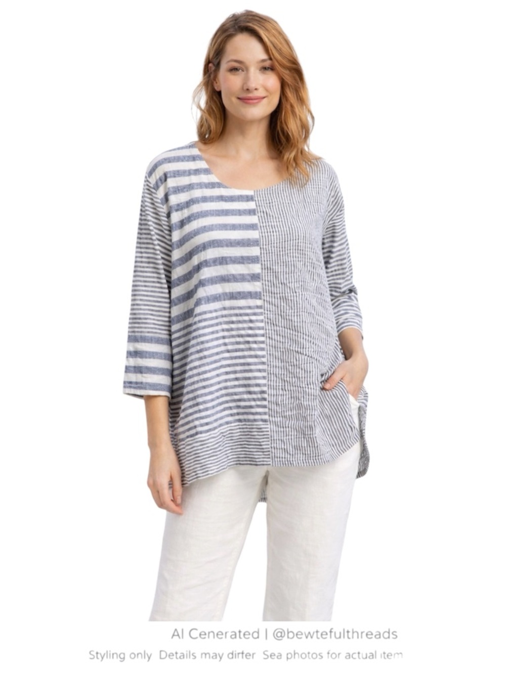 Habitat Blue White Seersucker Hi-Low Tunic Mixed Stripe Artsy Top Mj